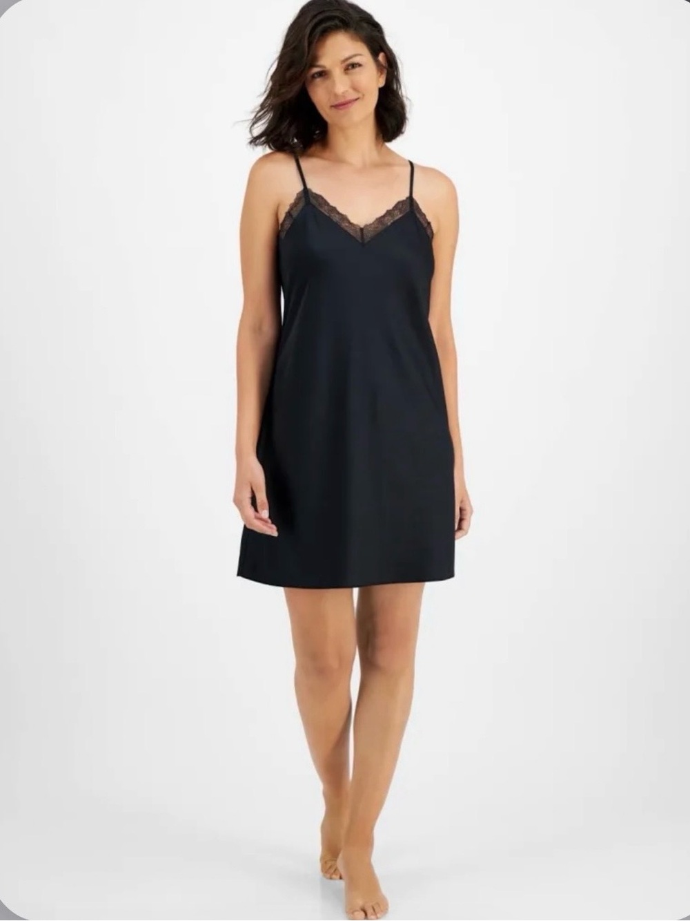 INC Lace-Trim Slip Chemise - Black